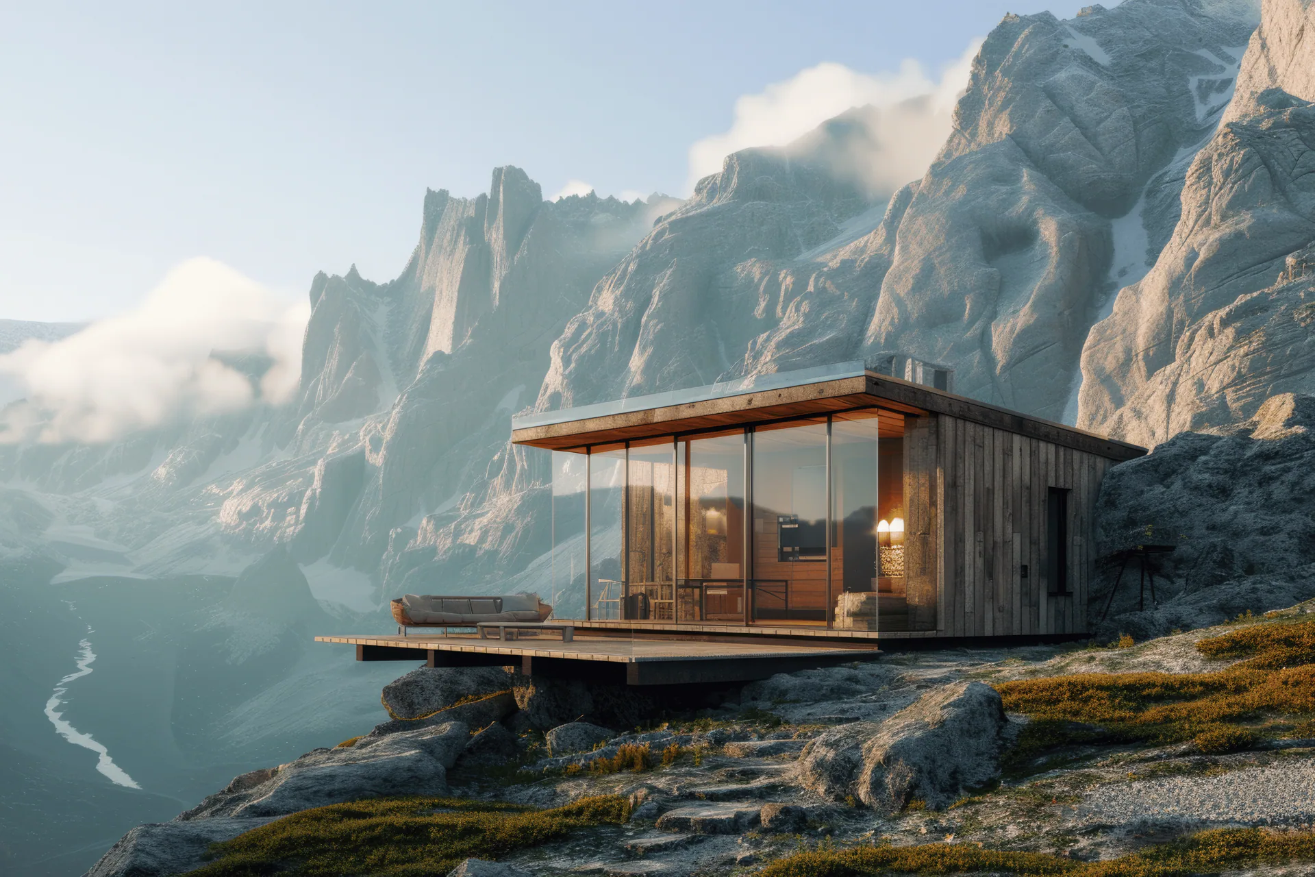 A Wellspring home standing above a misted valley